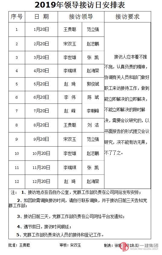 2019年领导接访日安排表